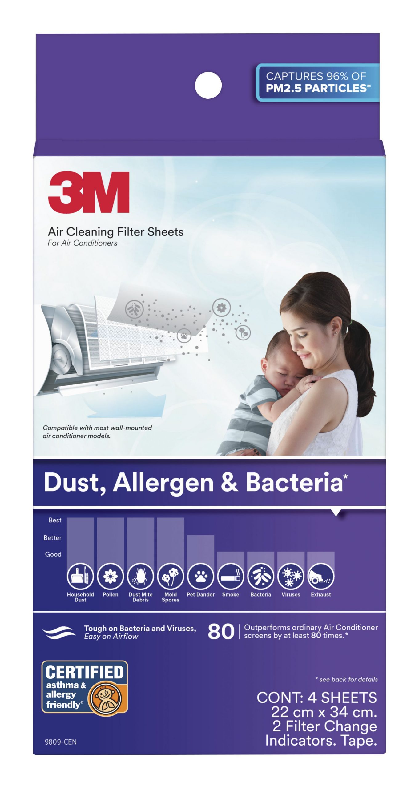 3M Filtrete Dust Allergen Bacteria Aircon Filter Purple (22 X 34 cm)