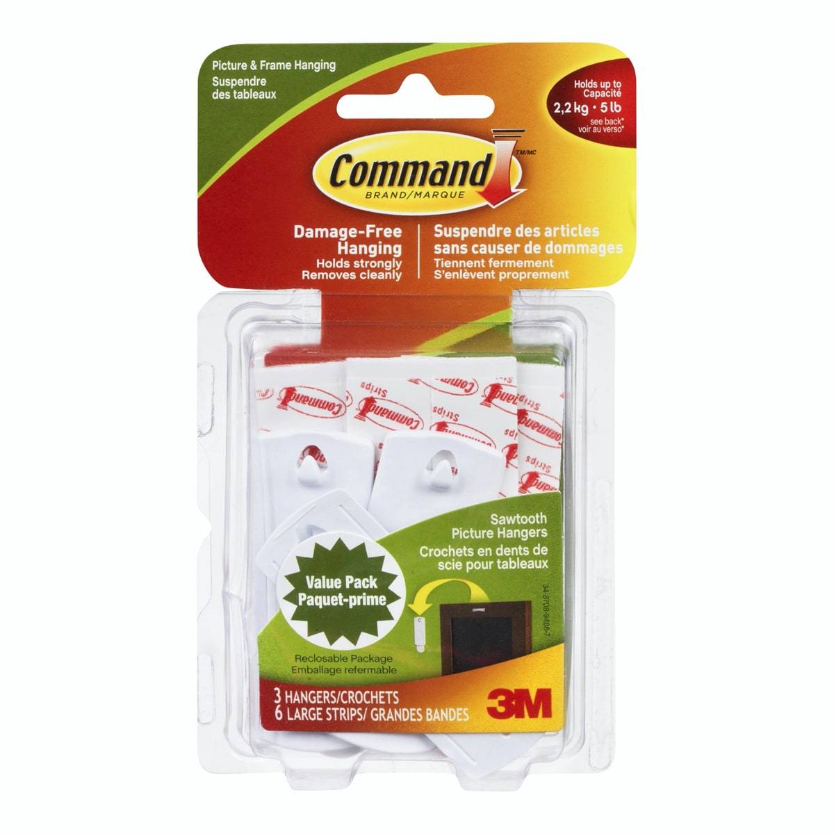 3M Command Sawtooth Picture Hanging Hooks Value Pack 3 Hangers, 6 Large Strips