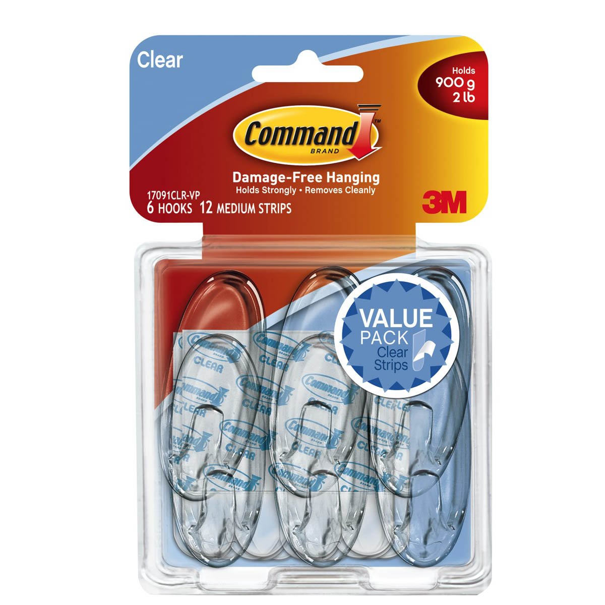 3M Command Medium Clear Hooks with Clear Strips 6 Hooks/12 Strips/900 gm