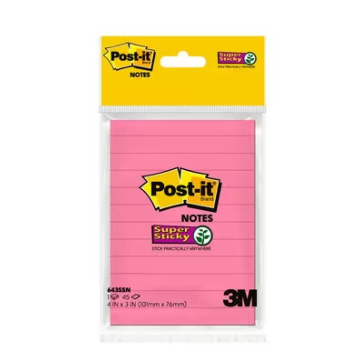 3M Post-it Super Sticky Lined HB Neon Pink, 4in X 3in, 45 Sheets