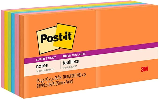 3M Post-It Super Sticky Rio de Janeiro Collection Notes, 654-12SSUC,12 Pads/Pack, 90 Sheets/Pad