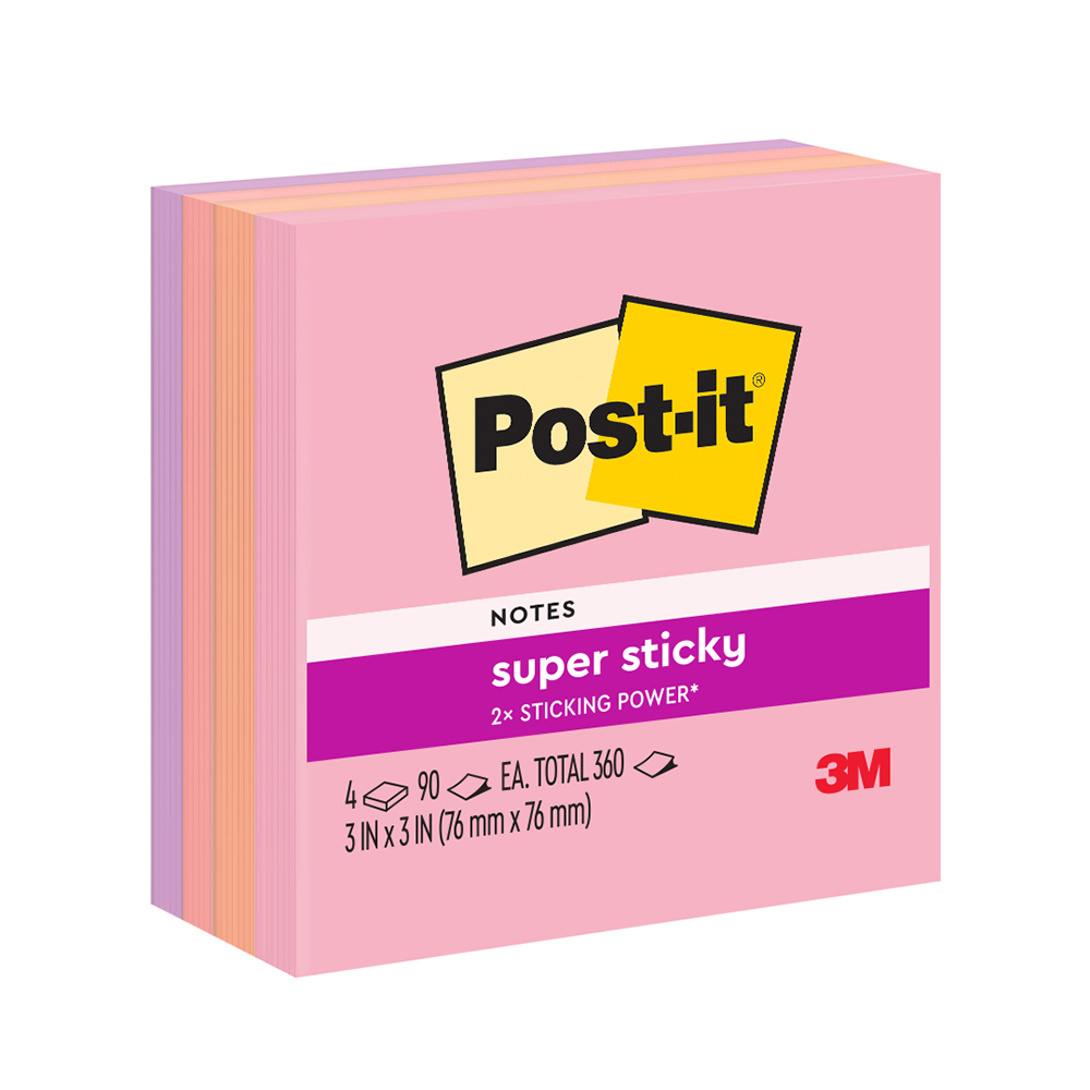 3M Post-It Super Sticky Notes 3in X 3in, Flamingo 654-4SSFLA, 4 Pads/Pack, 90 Sheets/Pad