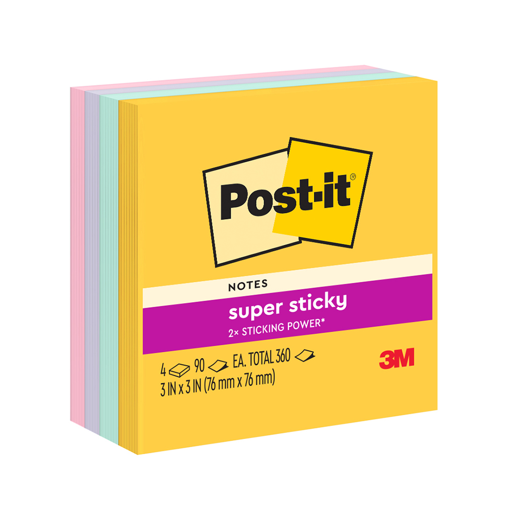 3M Post-It Super Sticky Notes Sweet 3in x 3in, 654-4SSSWT, 4 Pads/Pack, 90 Sheets/Pad