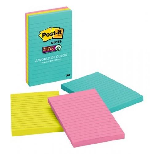 3M Post-it Super Sticky Miami Colour Notes Lined Notes 6in X 4in, 3 Pads/Pack, 90 Sheets/Pad
