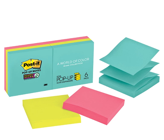 3M Post-It Super Sticky Pop up Miami Colour Notes 3in X 3in, 90 Sheets/Pad, 6 Pads/Pack